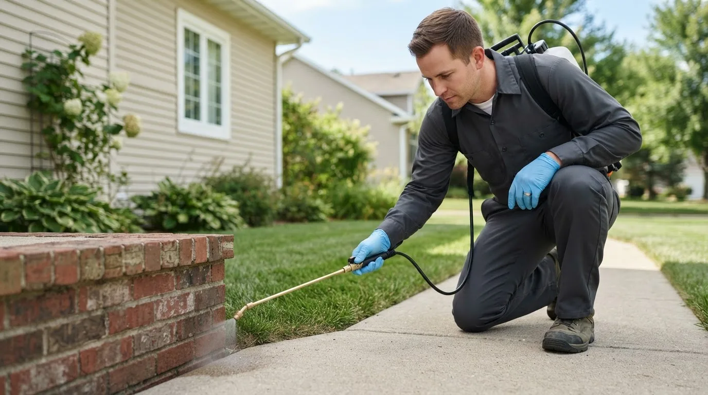 Pest control technician treating a home near Iron City, TN